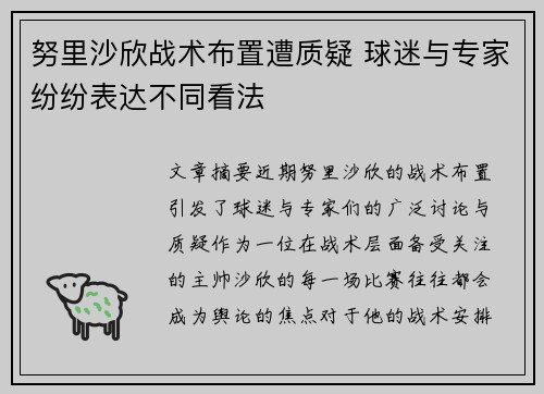 努里沙欣战术布置遭质疑 球迷与专家纷纷表达不同看法 努里沙欣战术布置遭质疑 球迷与专家纷纷表达不同看法