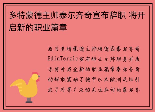 多特蒙德主帅泰尔齐奇宣布辞职 将开启新的职业篇章 多特蒙德主帅泰尔齐奇宣布辞职 将开启新的职业篇章